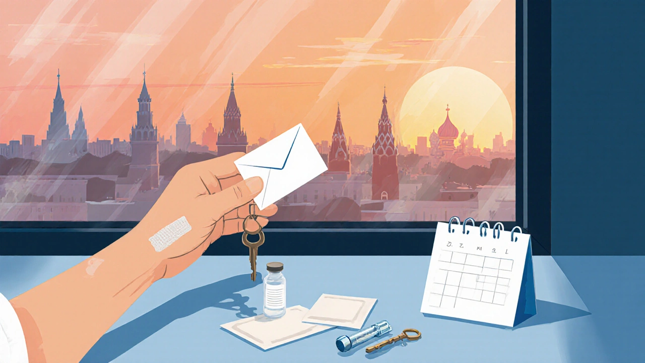 At sunrise, a person with a vaccine bandage holds a key and envelope, Moscow skyline behind.