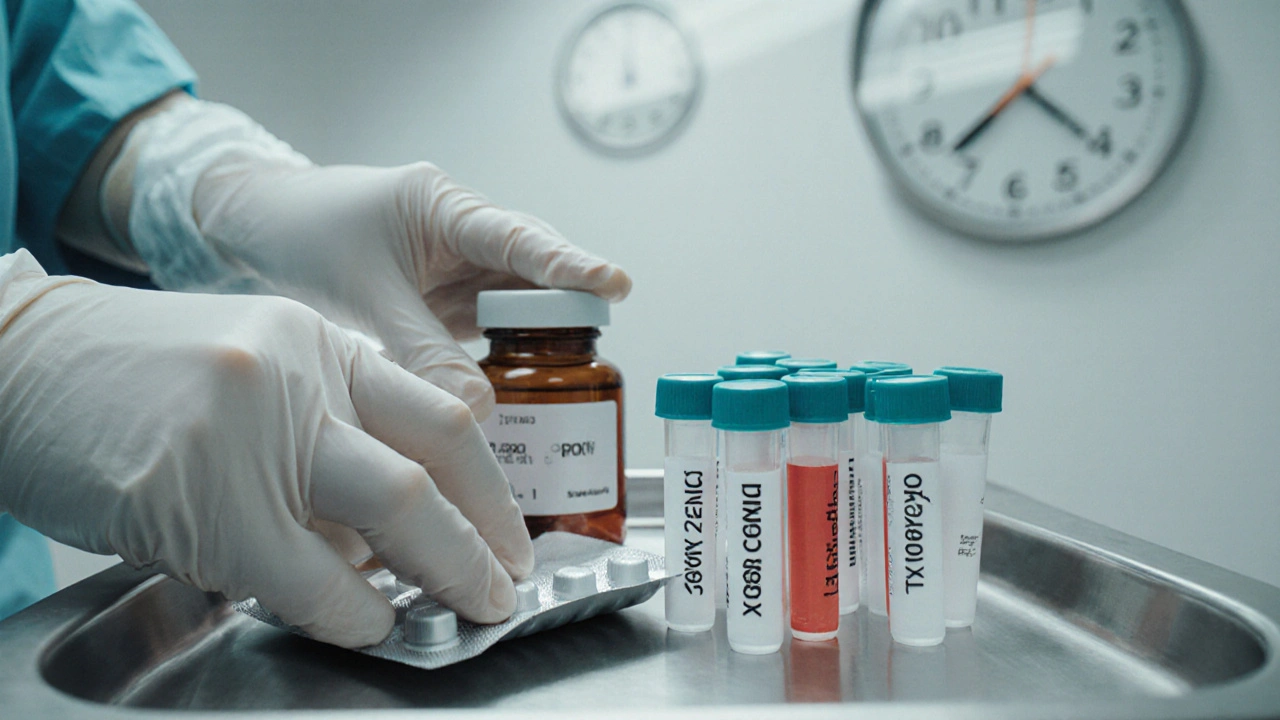 Clinician’s gloved hands place a pill bottle and color-coded swab kits on a tray under a clinic clock.