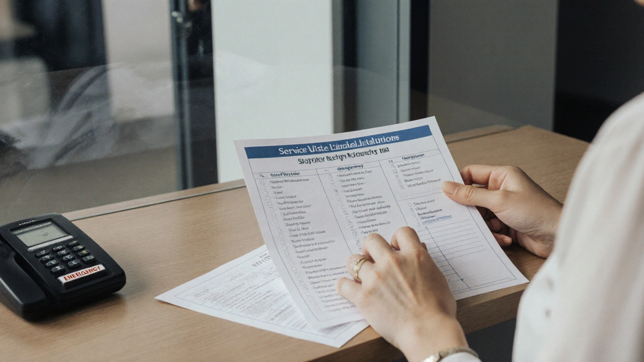 Hands placing printed service list and emergency contact phone on a table in a professional setting.