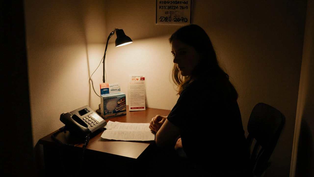 A person in a safe room with condoms, first-aid kit, and emergency numbers on a table.