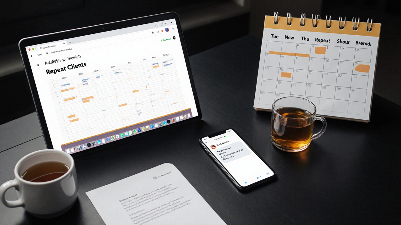 A professional workspace in Munich with a laptop, client spreadsheet, and calendar showing booked days for adult work.