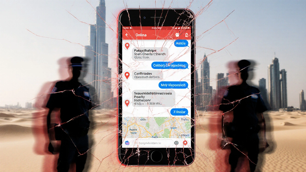 A shattered smartphone screen with digital warnings and Dubai skyline, symbolizing legal risk.