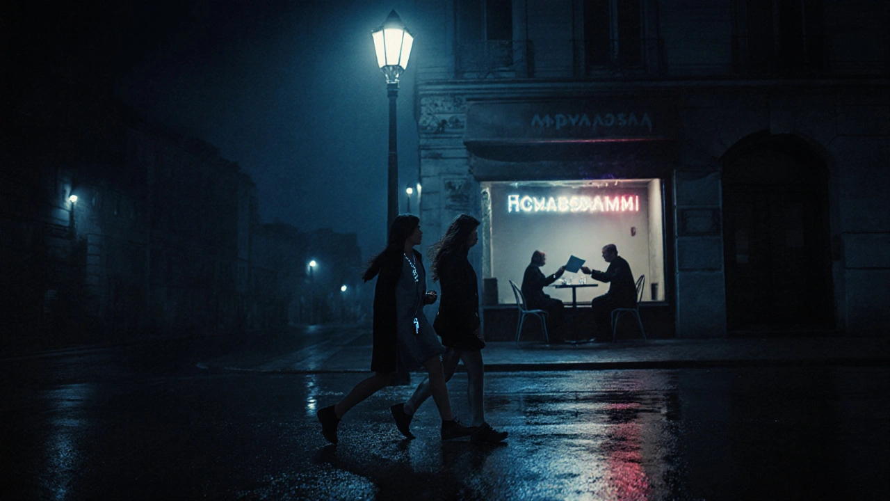 A woman walks home at night with a key pendant, a safe meeting glow in the distance.