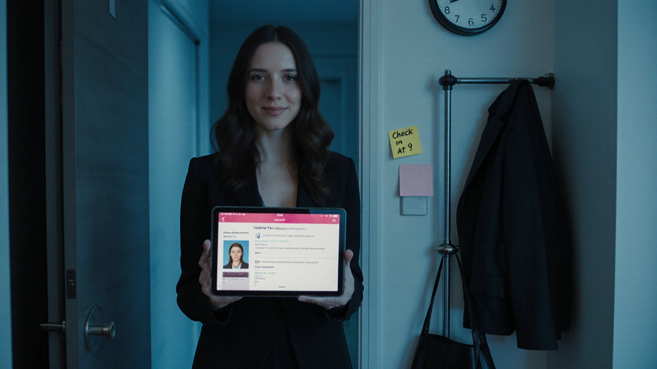 An escort checks a safety app on a tablet at the entrance of an apartment, displaying a verified client profile and time reminder.