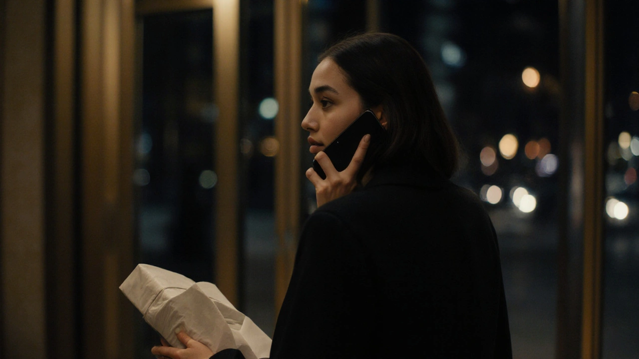 An escort walks away from a hotel at night, holding a gift, exuding discretion and safety.