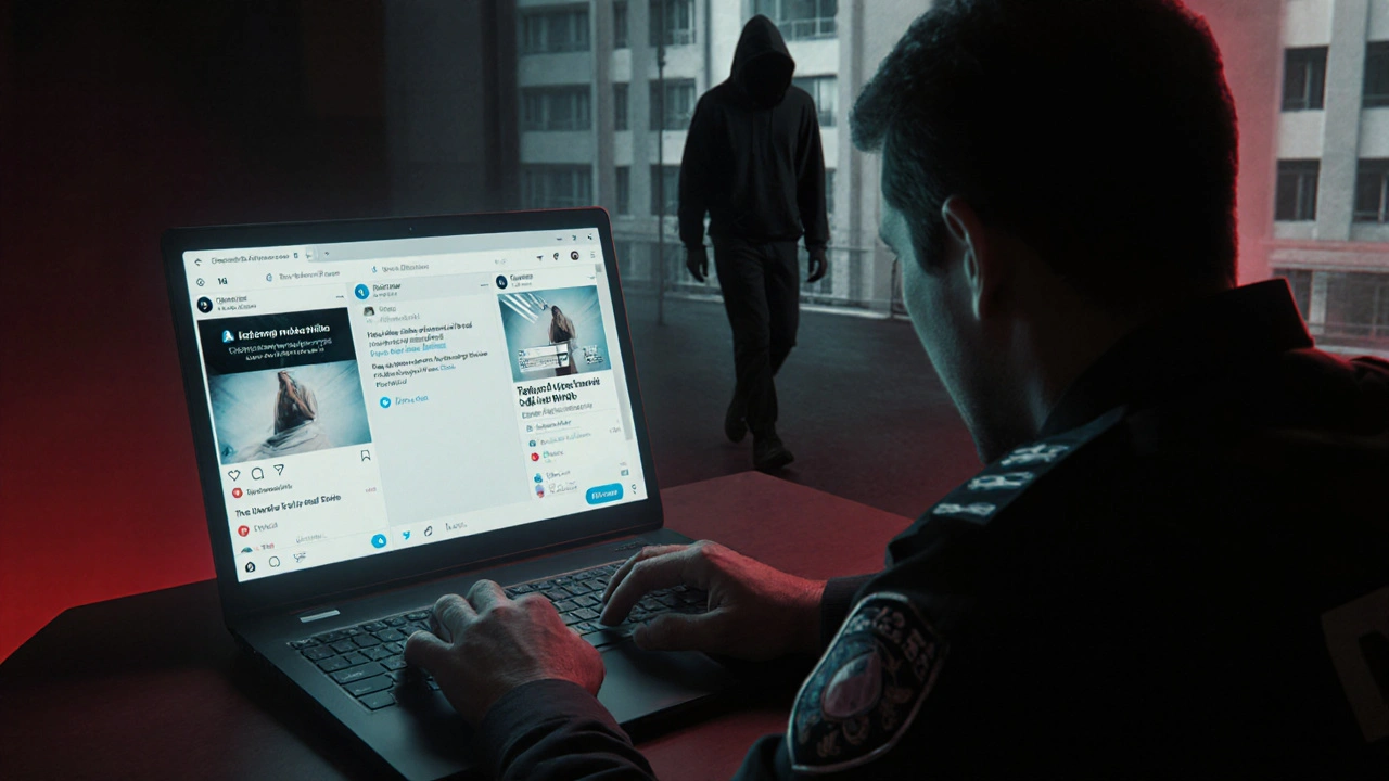 An undercover officer monitors digital ads for illegal escort services on a laptop in a dark room.