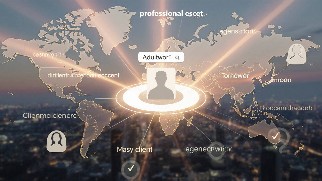 Digital map of Toronto with targeted ad keywords radiating light toward a central AdultWork profile icon.