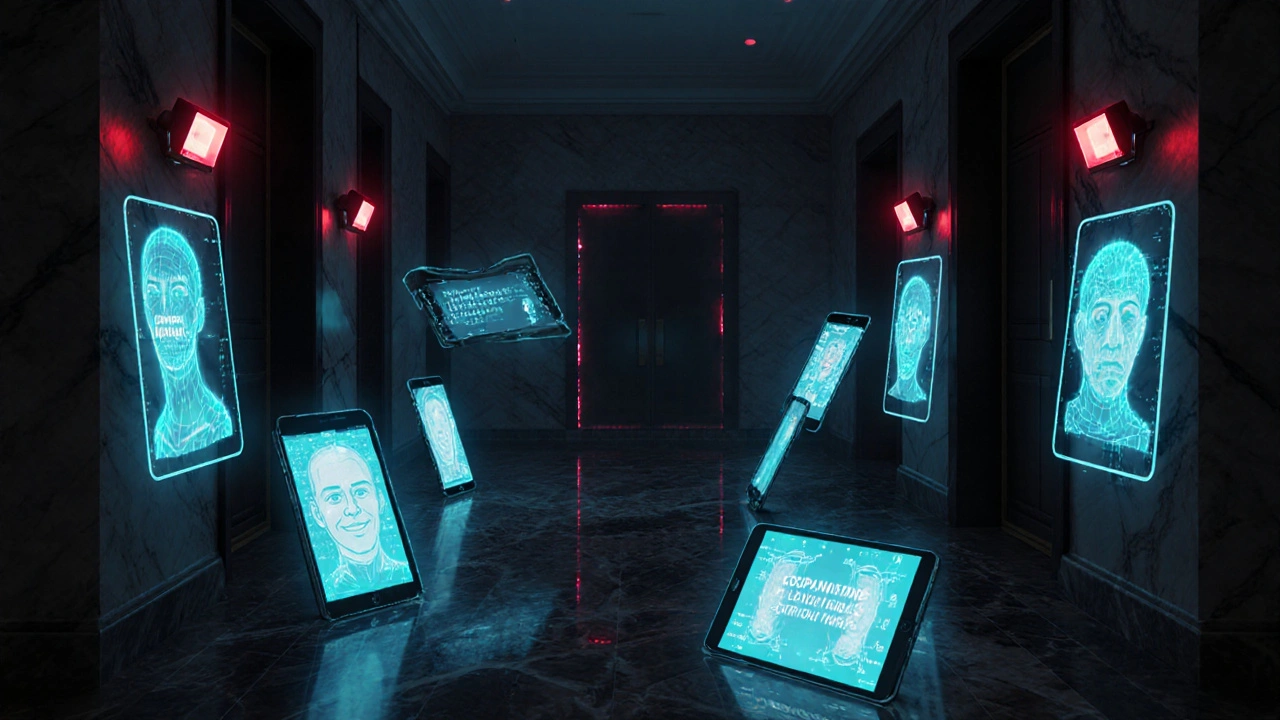 Digital surveillance overlay on a Dubai hotel corridor showing AI tracking keywords and facial recognition cameras.