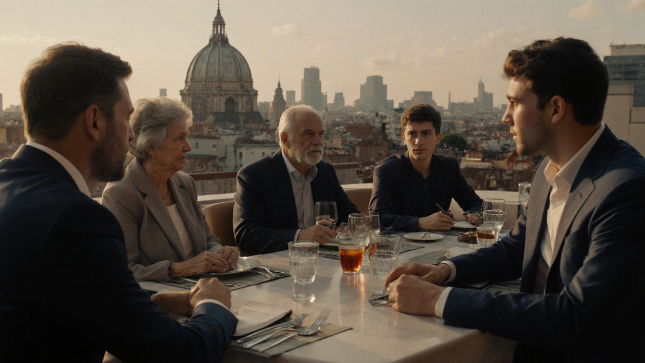 Diverse clients interact with an escort in culturally appropriate ways across a cityscape.