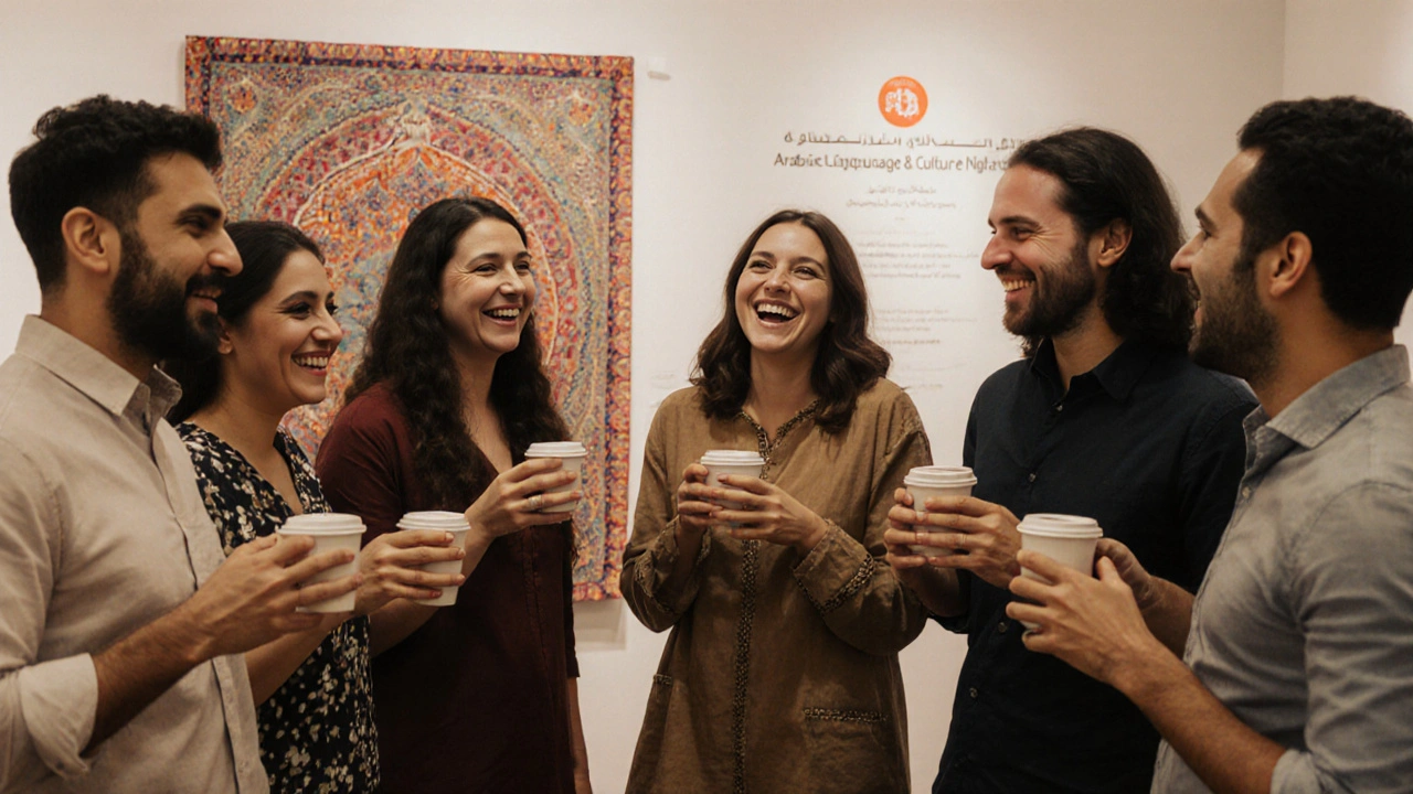 Expats enjoying an art gallery event in Dubai, engaging in cultural activities together.