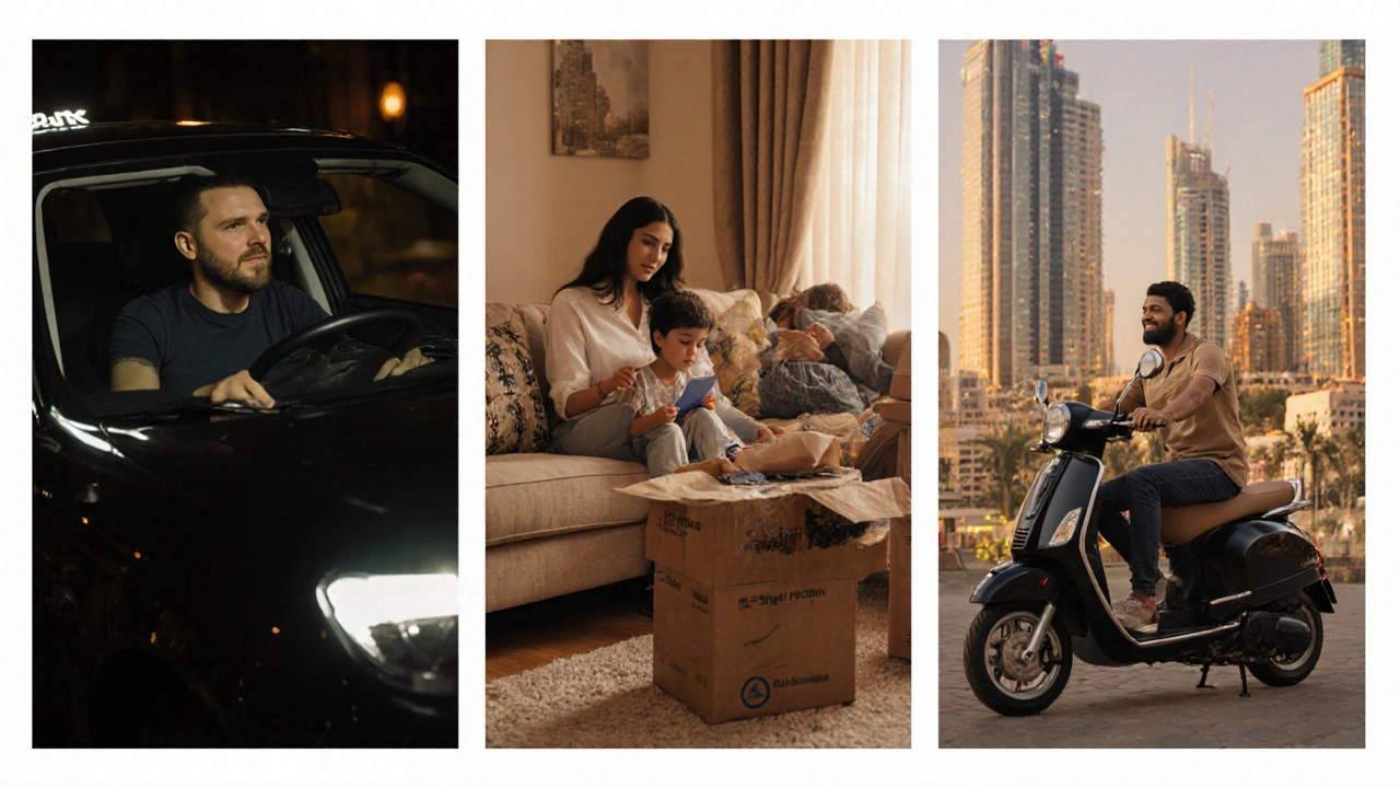 Expats working legal side jobs in Dubai: driving, tutoring, and delivering food under golden hour light.
