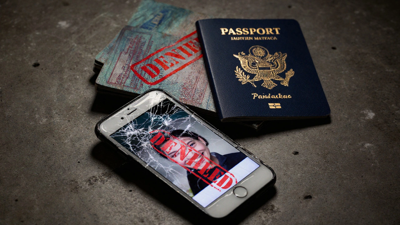 Faded visas, a broken phone, and a denied passport scattered on a detention center floor.