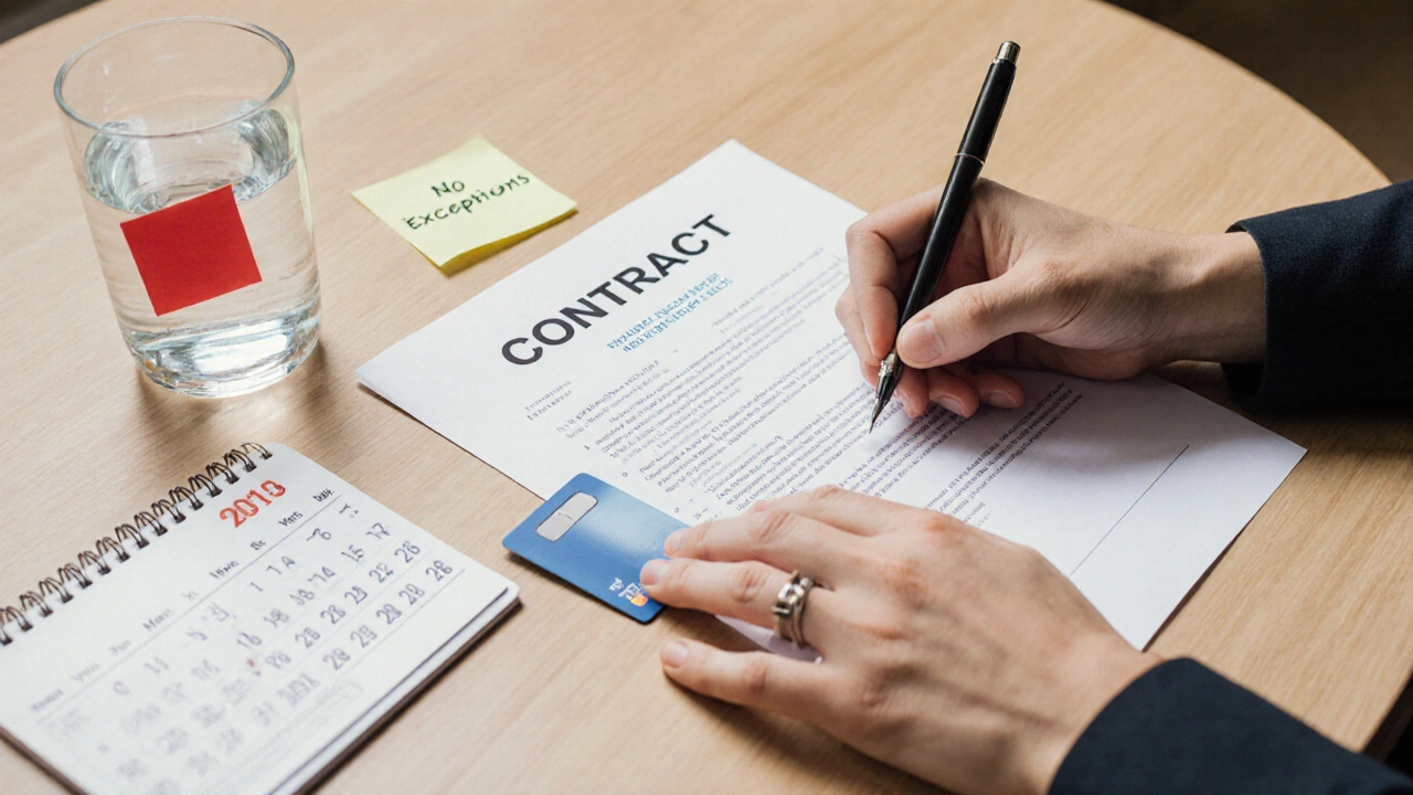Hands signing a contract with a prepaid card and water glass on a wooden table.