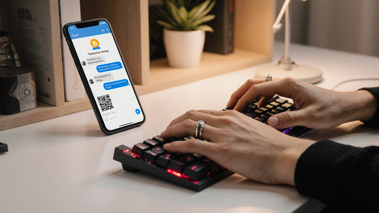 Hands typing on a keyboard with encrypted Telegram chat and Bitcoin wallet visible on a smartphone.