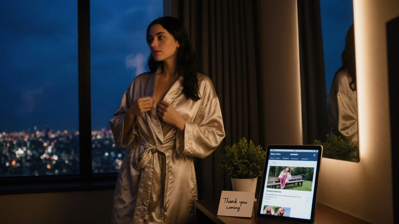 Independent escort in a hotel room, confident in front of a mirror with a professional profile visible on tablet.