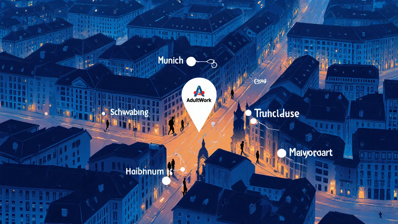 Nighttime map of Munich highlighting safe districts for adult work with glowing connections to a verified platform logo.