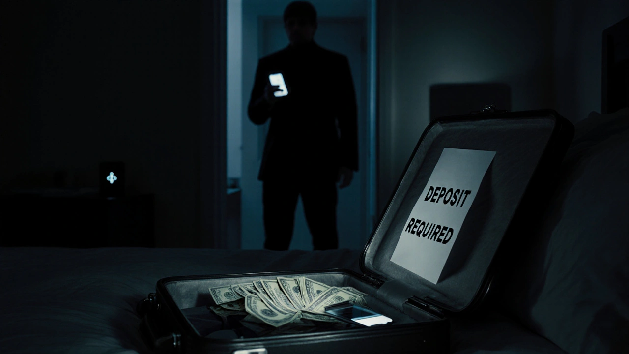 Open suitcase with cash and a suspicious note in a dimly lit bedroom.
