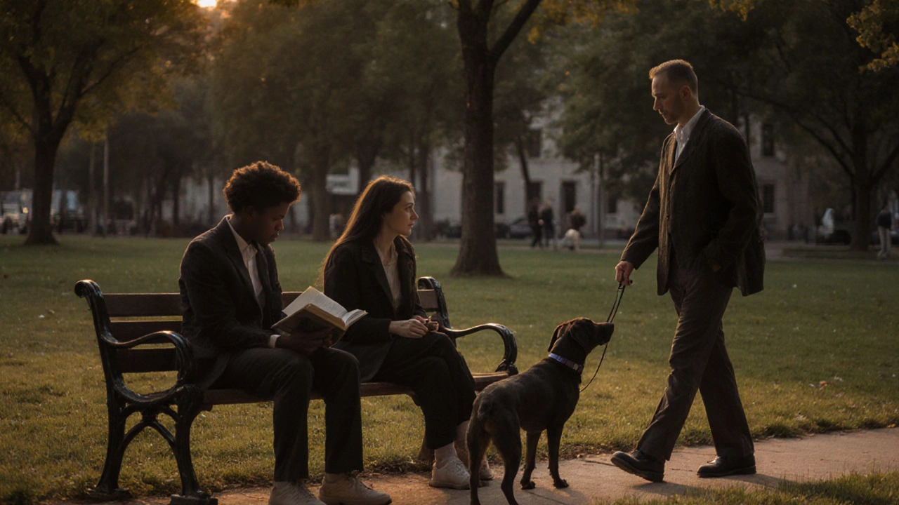 People in a park at dusk engaging in quiet, everyday moments of companionship, symbolizing universal human connection.