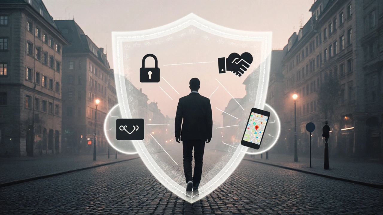 Protective shield of safety icons surrounding a person walking confidently in Munich.