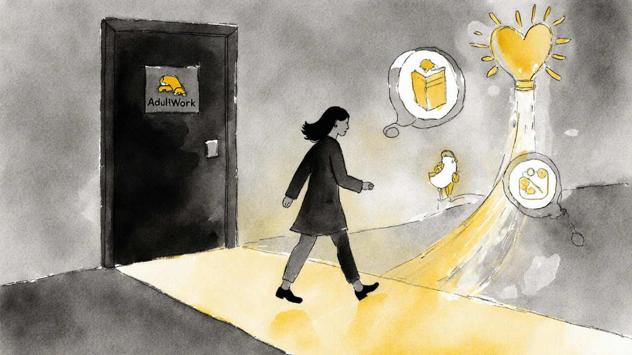 Silhouette walking from shadowy door toward glowing path of new opportunities.