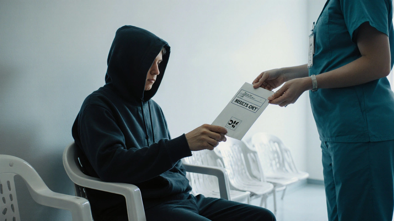 Someone receiving anonymous medical test results at a clinic with no identifying documents.