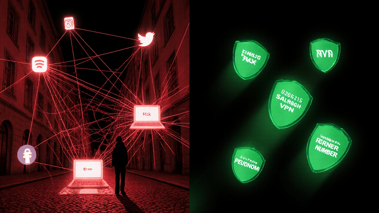 Split image contrasting risky digital exposure with secure privacy practices in adult work.