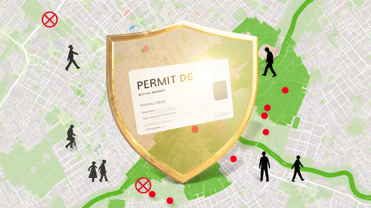 Transparent permit shield marking legal zones on Munich city map