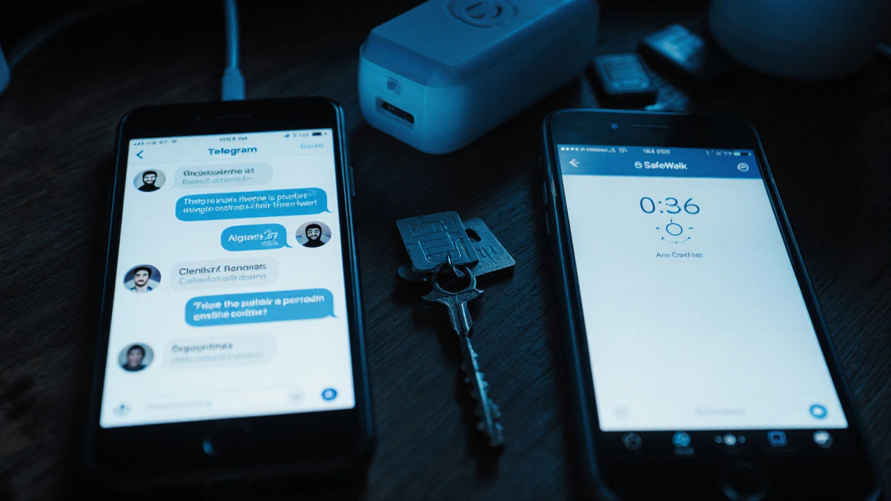 Two encrypted phones show safety messages and a countdown app on a kitchen counter.