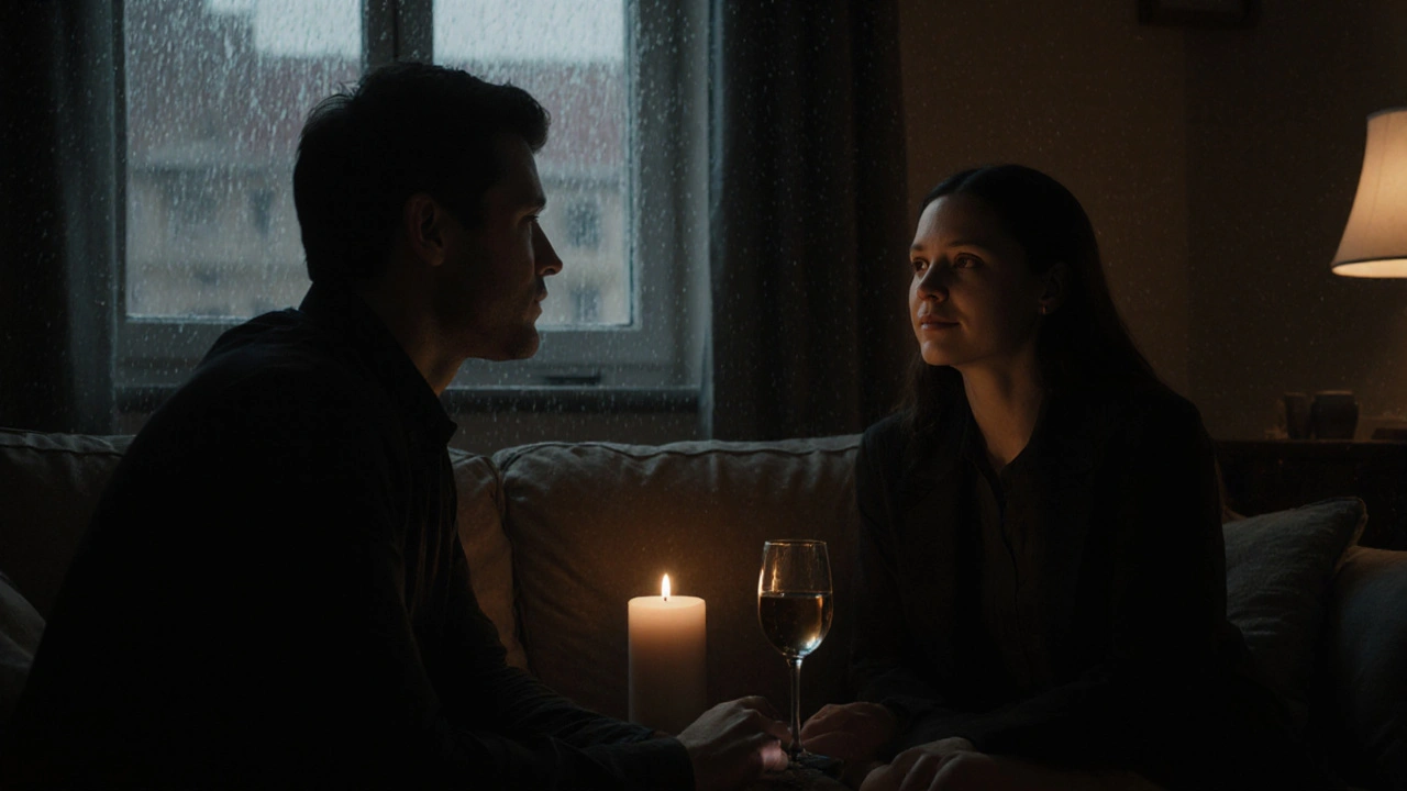Two people in quiet conversation in a softly lit Munich living room, sharing wine and connection without physical contact.
