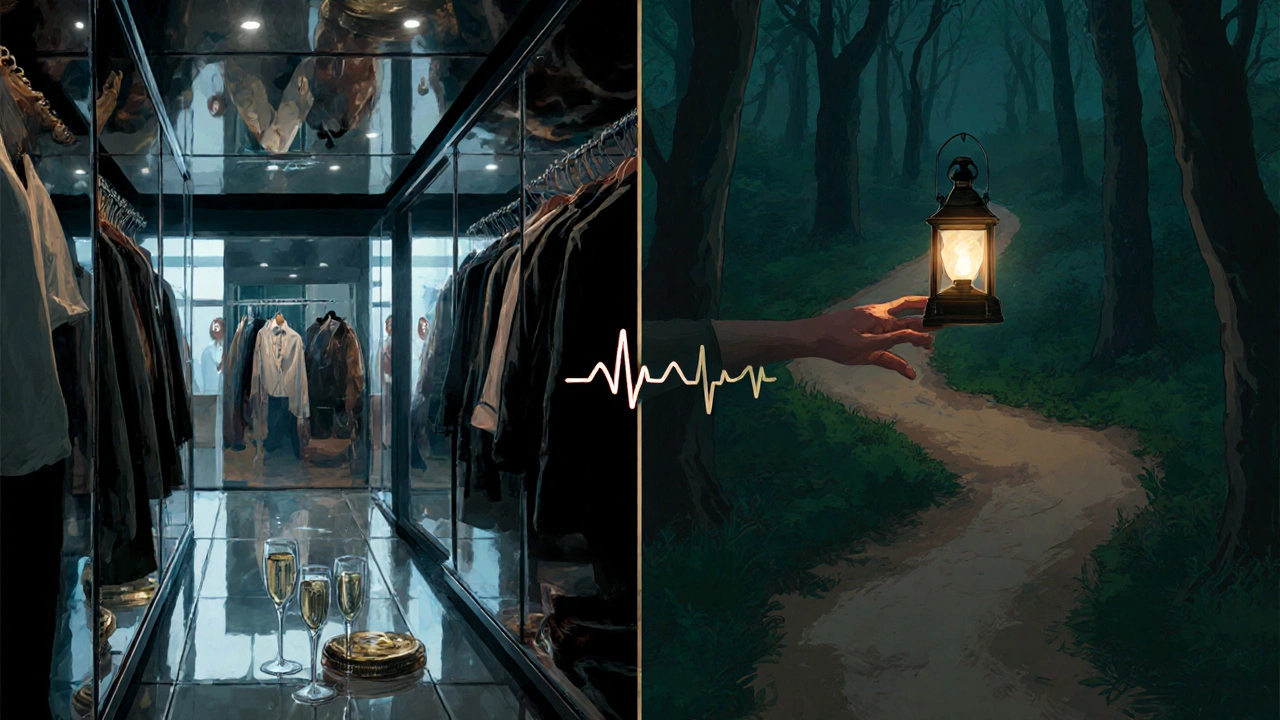 Two symbolic paths: one of luxury with mirrors and champagne, the other a calm forest trail with a glowing lantern.