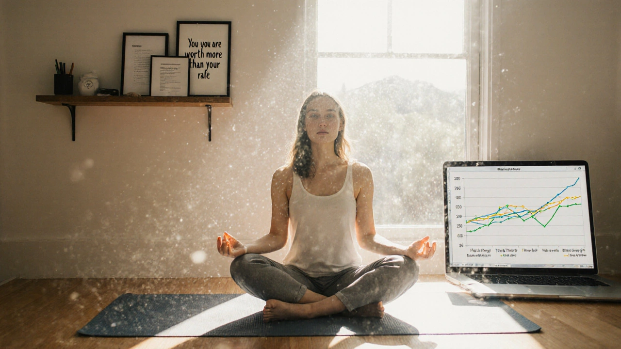 Woman doing morning yoga in sunlight, self-care items visible on shelf beside laptop showing income growth.