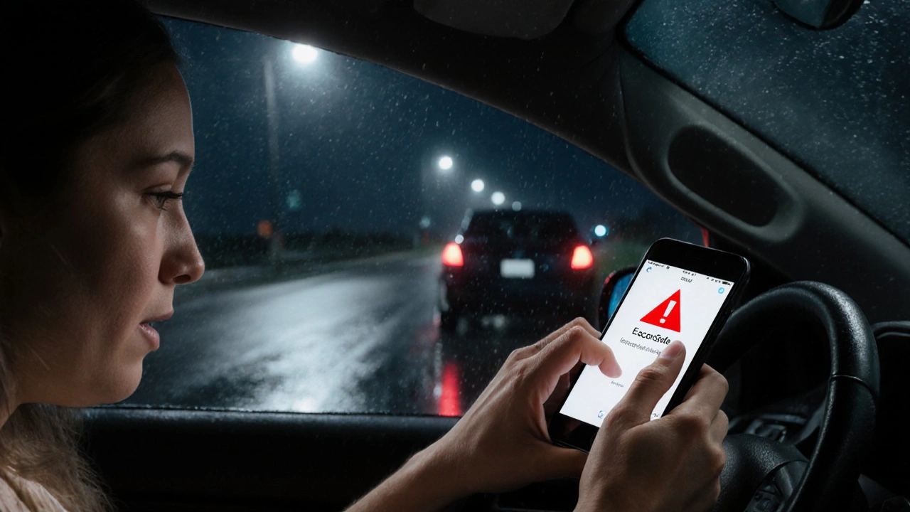 Woman driving at night using a safety app while being followed by another vehicle.