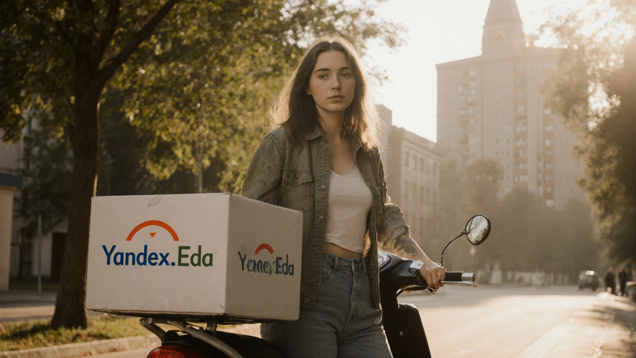 Woman holding delivery scooter in Kazan, morning light, new beginning away from past.