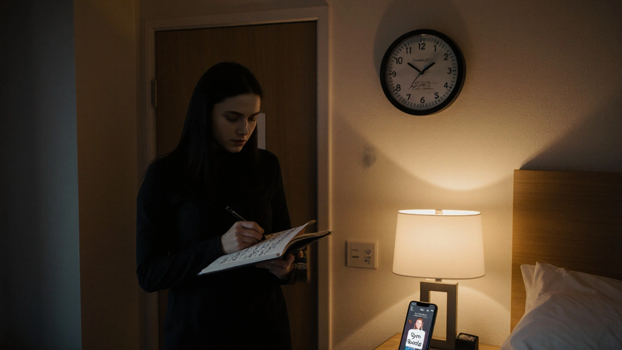 Woman in hotel room reviewing shift notes, clock showing time before check-out.