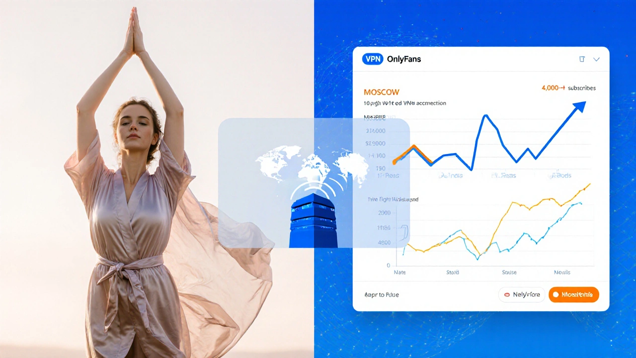 Woman in silk robe doing yoga, with OnlyFans subscriber graph beside her, symbolizing faceless remote success.