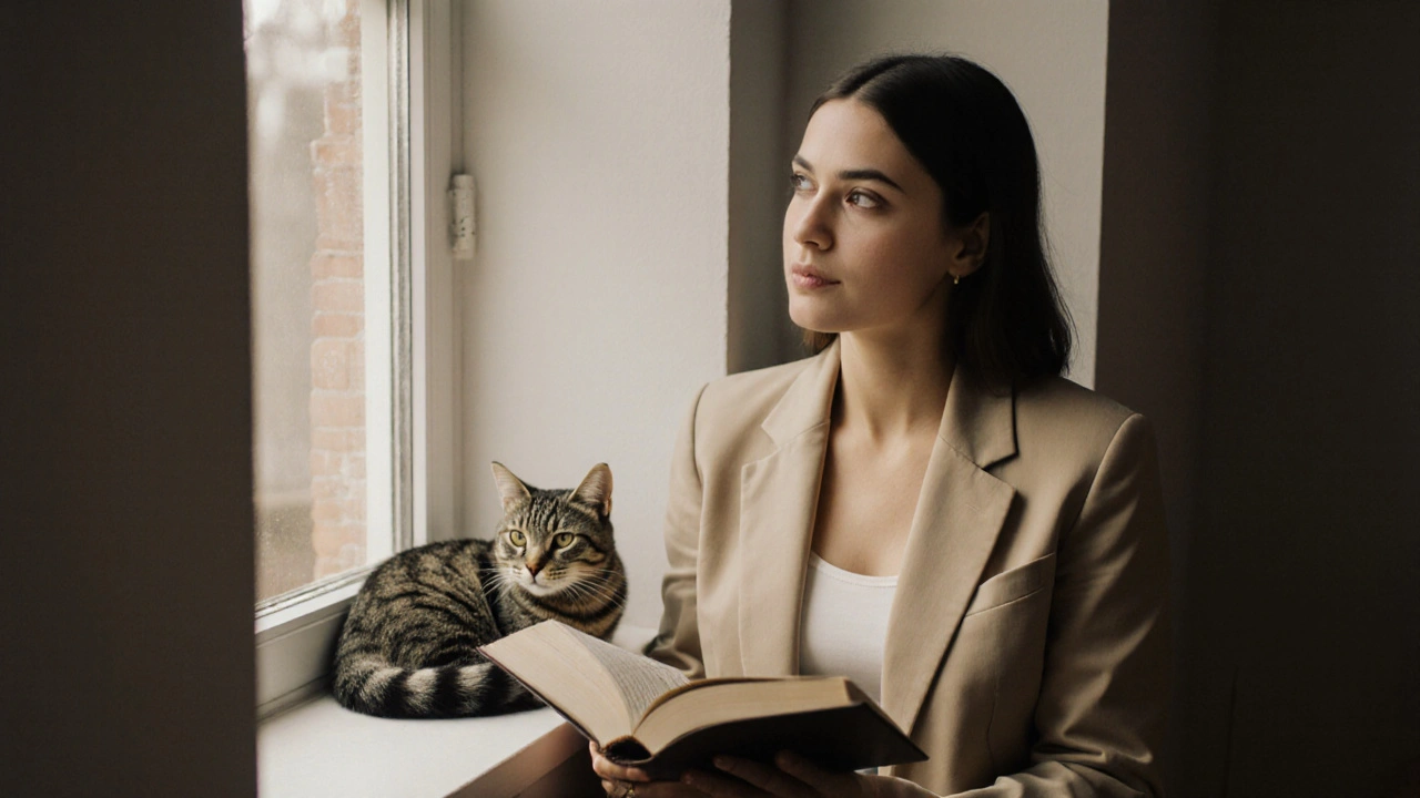 Woman reading by window with cat beside her, relaxed expression, soft morning light.