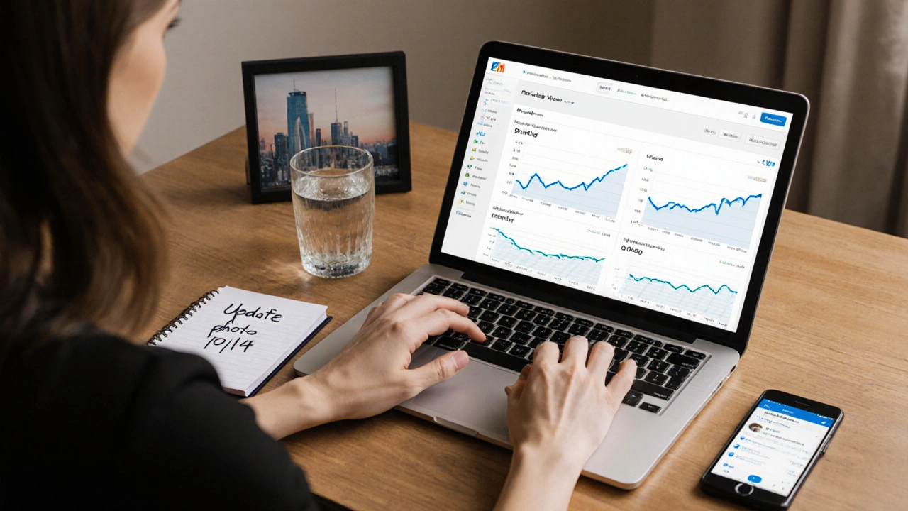Woman reviewing booking analytics on a laptop, with notes and a secure messaging app on her desk.