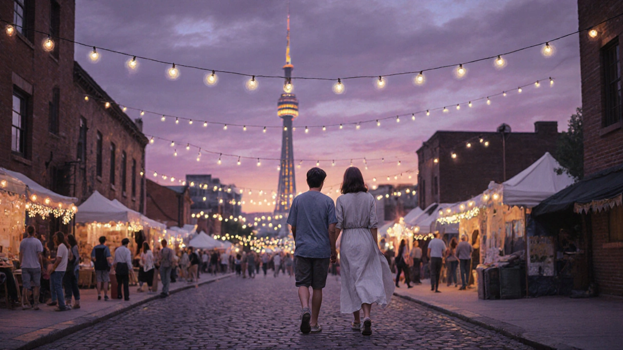 Woman walking with tourist in summer evening lights near Toronto&#039;s Distillery District.