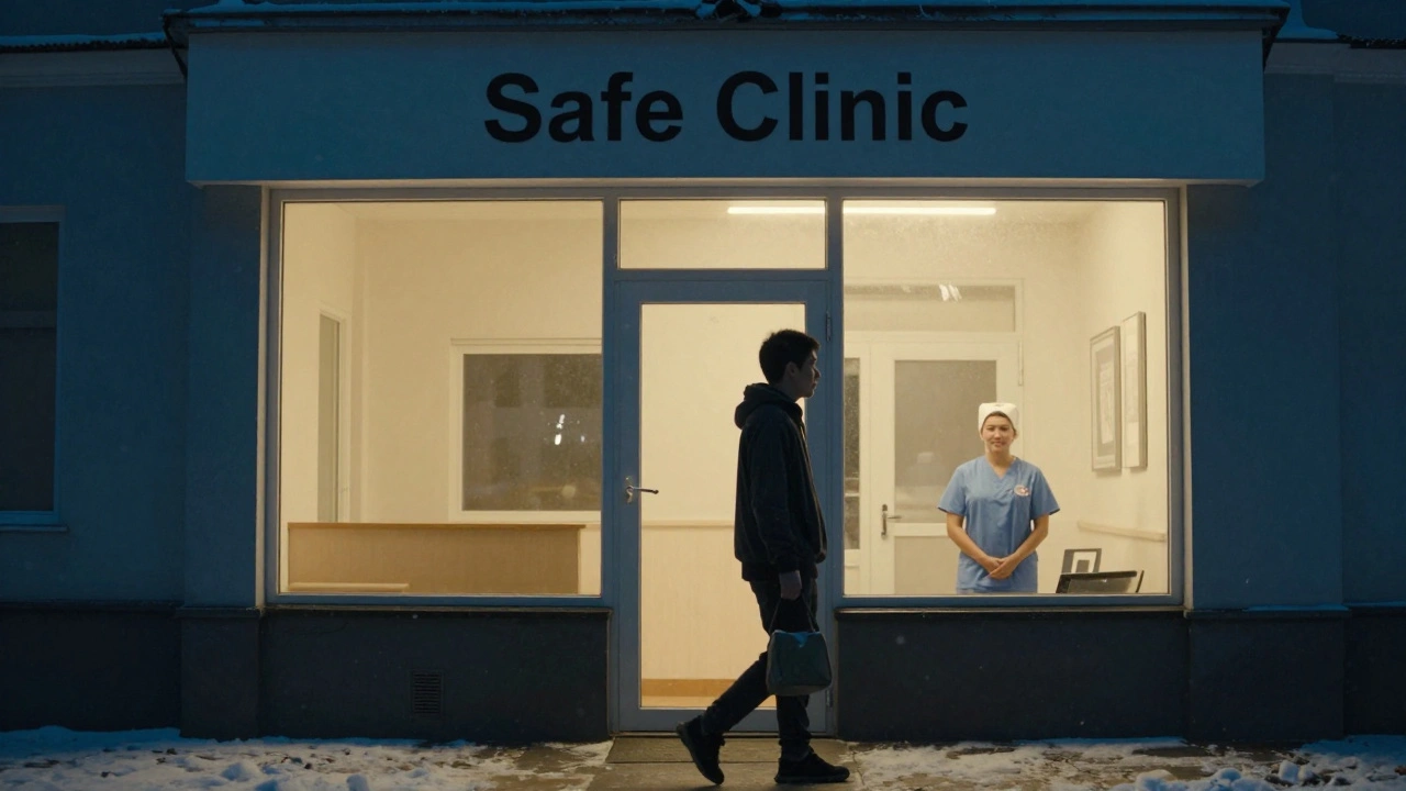 A man enters a discreet clinic at night, greeted by compassionate staff with no questions asked.