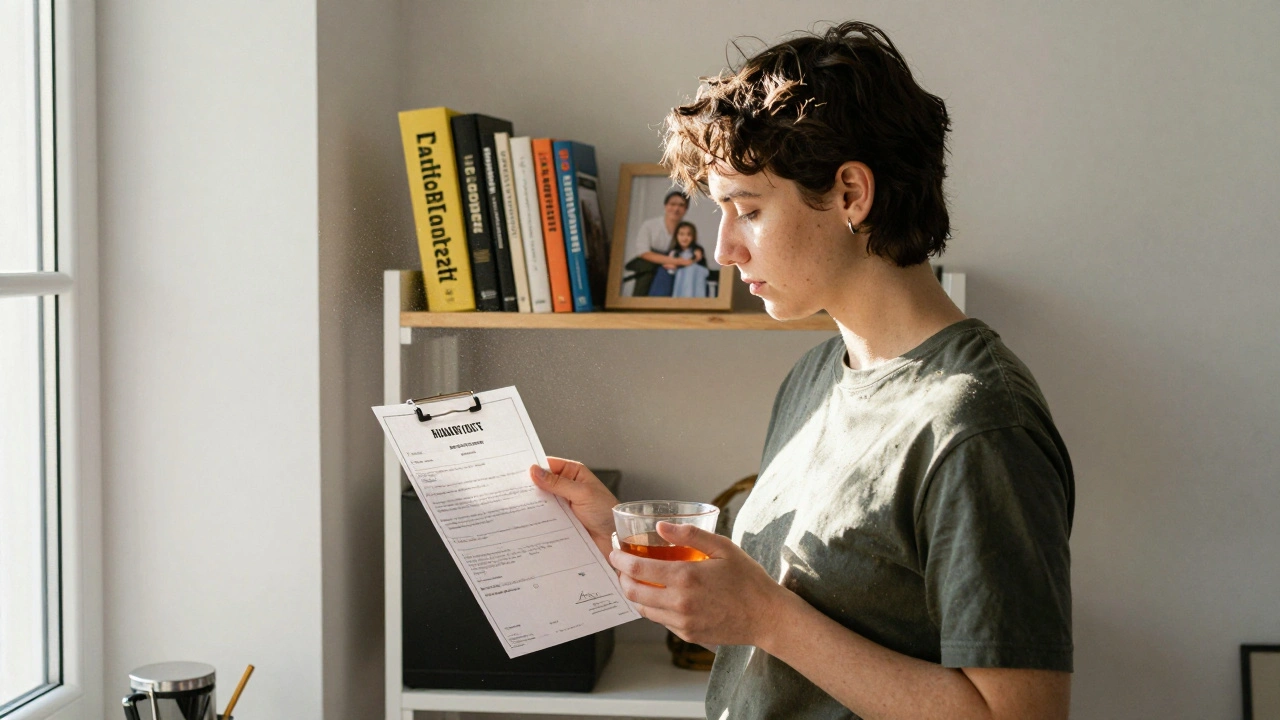 A non-binary worker stands by a window in a quiet Munich apartment, holding a health certificate, sunlight illuminating books on labor rights.