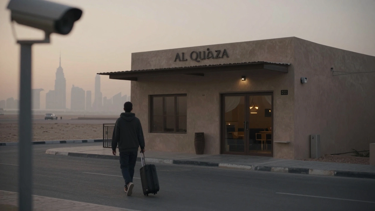 A person walking away from a quiet Dubai hotel at dawn, suitcase in hand, surveillance camera faintly visible.