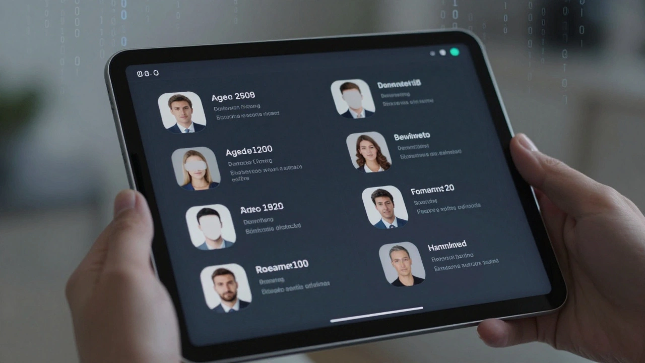 A tablet displays anonymous client profiles with masked details in a secure digital interface.