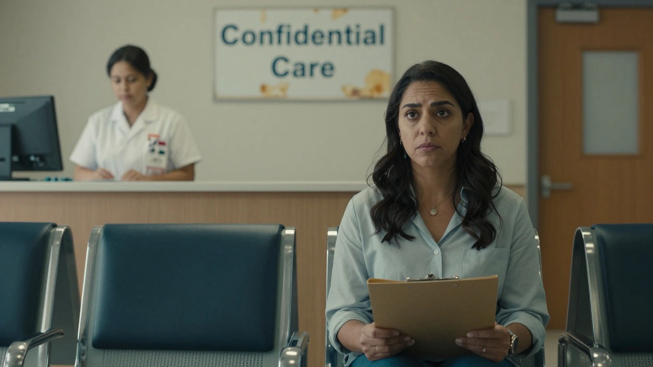 A woman in a clinic waiting room, calm and composed, while a nurse avoids eye contact.