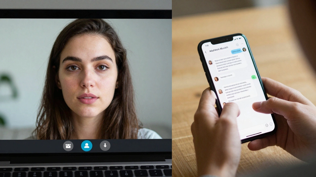 A woman in a video call with a client, showing a respectful digital interaction on AdultWork Munich, with soft lighting emphasizing trust.