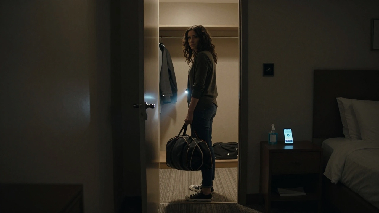A woman standing alert in a hotel room doorway, checking the room with a flashlight while holding her bag.