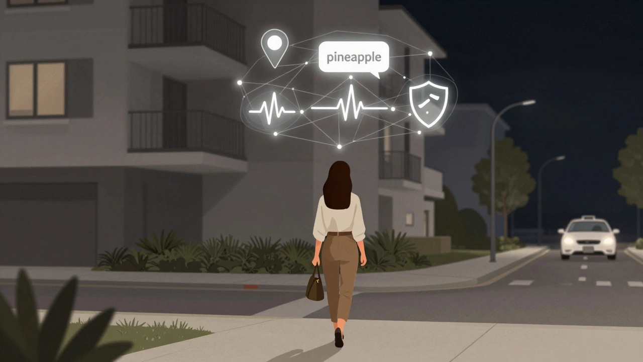 A woman walking away from a building at night, surrounded by subtle digital safety symbols like GPS and emergency alerts.