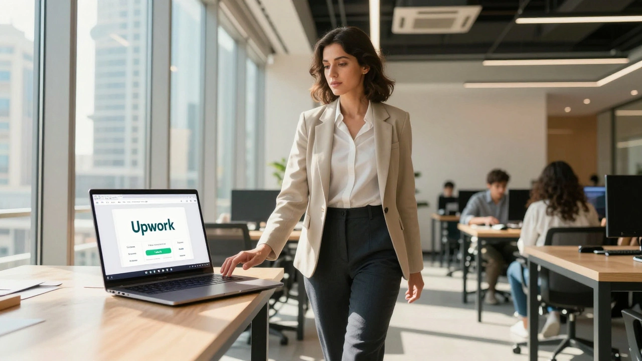 A woman working professionally in a Dubai co-working space with remote job platforms visible on her laptop.