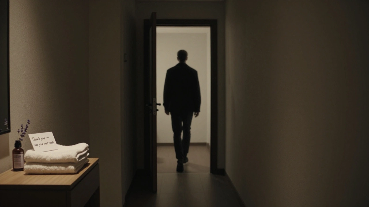 An empty hotel hallway at night, with a well-prepared room visible through an open door, suggesting a trusted, quiet client experience.