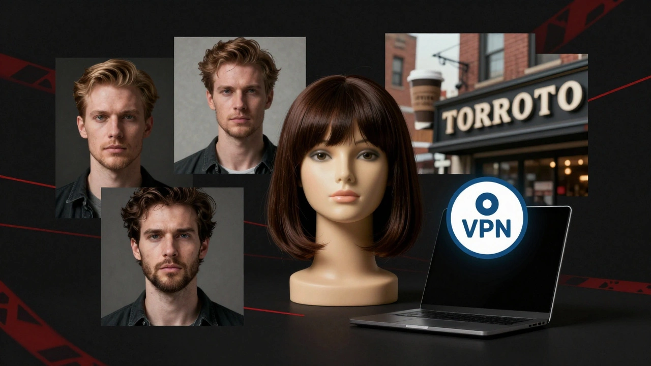 Anonymous collage of AI face fragments, wig, coffee cup, and VPN icon in moody digital art.