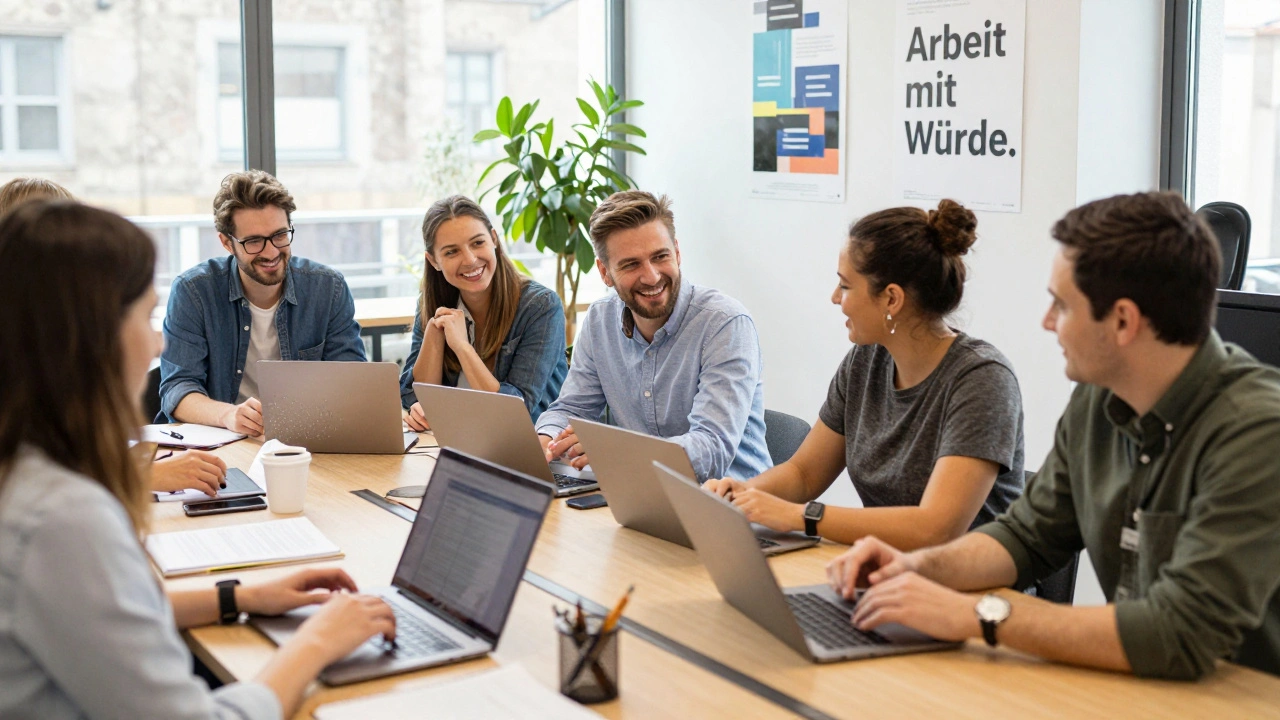 Diverse adult workers meet in a bright Munich coworking space, discussing finances and rights, posters reading 'Work with Dignity' on walls.